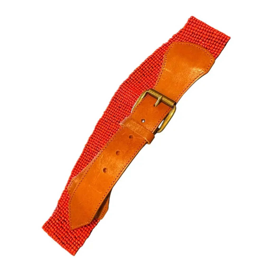 Vtg 1980s Leather and Red Beaded Stretch Belt